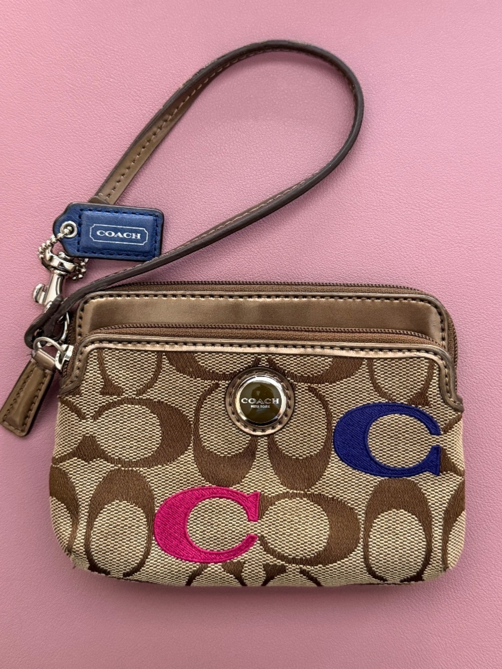 Coach Poppy Double Zip Wristlet Signature Canvas Pink Blue Embroidered Style 484